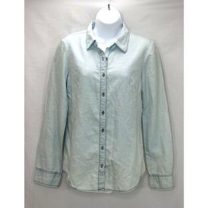 Maurices Chambray Button Shirt Sz XS Blue Crochet Lace Back Long Sleeve NWT